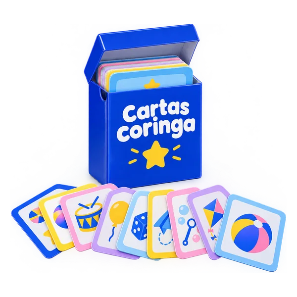 Caixinha azul Cartas coringa aberta com um leque de cartas coloridas, cada uma com uma figura simples