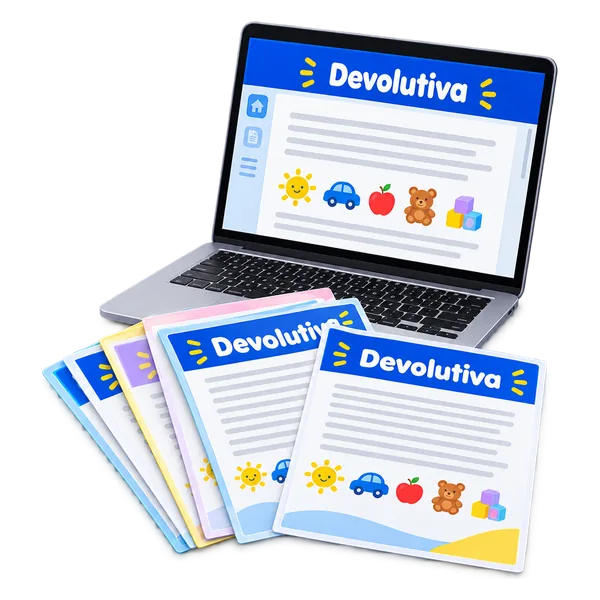 Notebook com uma devolutiva na tela e um leque de devolutivas impressas na frente