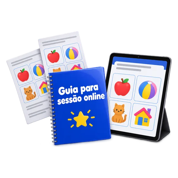 Caderno Guia para sessão online com capa azul, um tablet com quatro figuras na tela e duas fichas impressas atrás