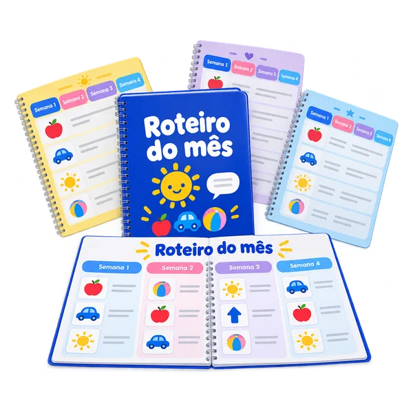 Caderno Roteiro do mês aberto nas colunas Semana 1 a Semana 4, com a capa azul e três folhas mensais atrás