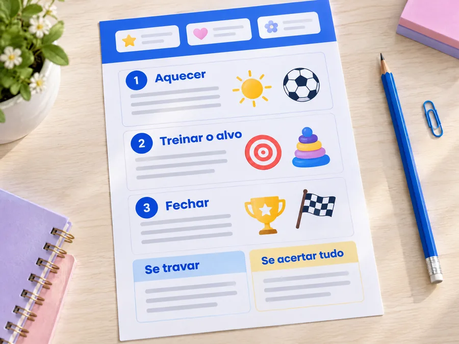 Ficha impressa com os blocos Aquecer, Treinar o alvo, Fechar, Se travar e Se acertar tudo