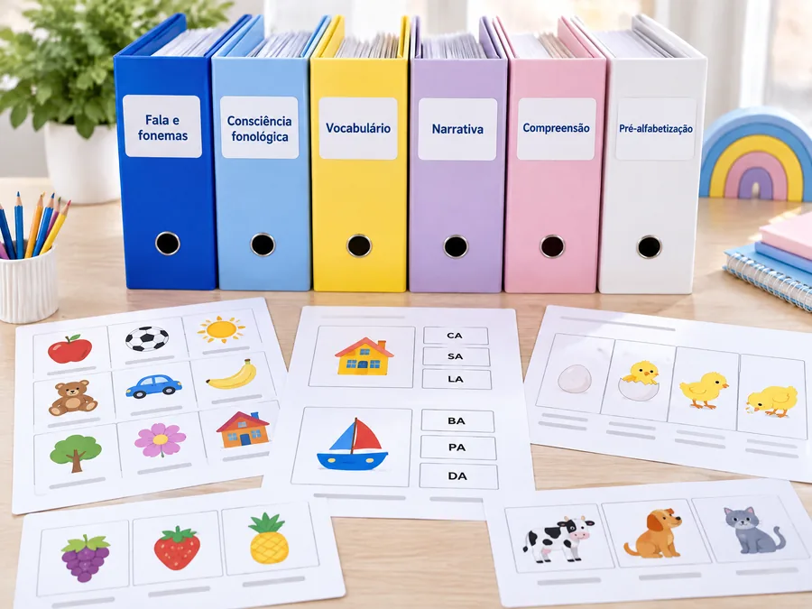 Pastas coloridas por área: vocabulário, narrativa, fala e fonemas, compreensão, pré-alfabetização e consciência fonológica