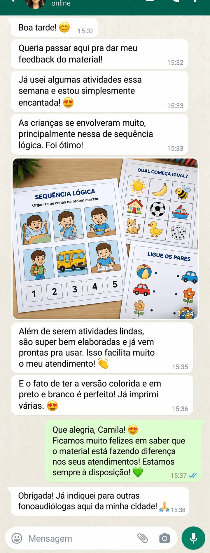 Depoimento de fonoaudióloga: fotos de atividades impressas coloridas e versão preto e branco