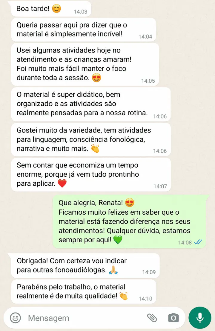 Depoimento de fonoaudióloga: satisfação com a rapidez e variedade das atividades