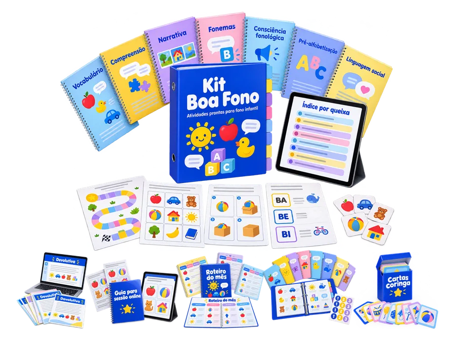 Kit Boa Fono com as 7 áreas, o índice no tablet e os 5 bônus: devolutivas, guia online, roteiro do mês, divisórias e cartas coringa